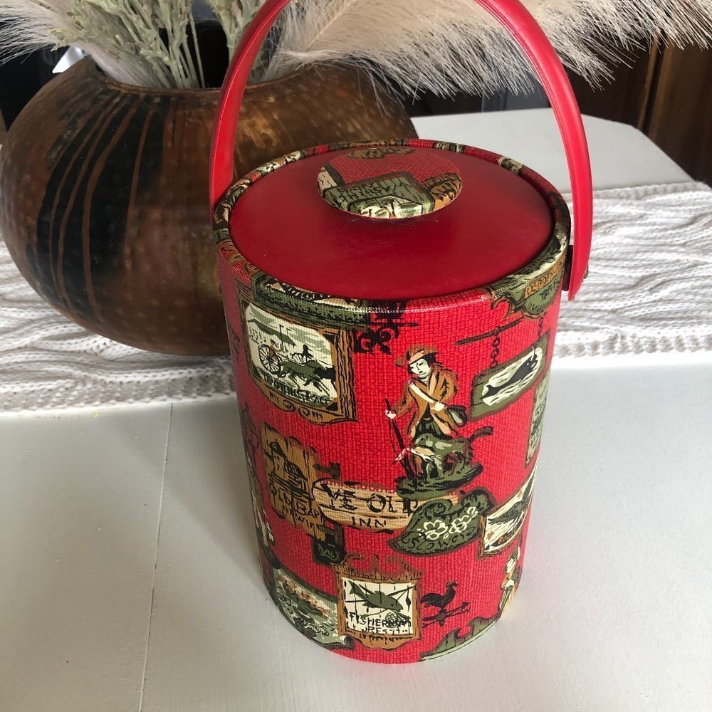 VINTAGE 70'S RED CLOTH INSULATED ICE BUCKET TAVERN/BAR THEME - Picture 3 of 8